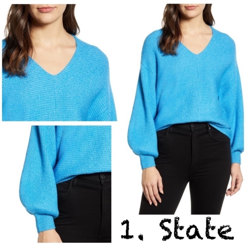 1. State balloon sleeve vneck turquoise sweater.